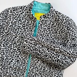 Flores & Flores Animal Print Black White Aqua Silky Ruched Open Blazer Size 12